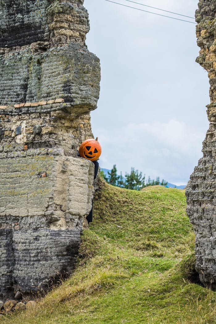A pumpkin head peeks from ancient ruins in Guasca, Colombia.