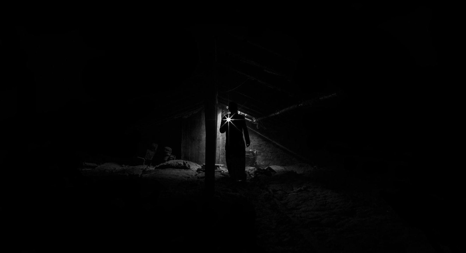 Current image: A shadowy figure explores a dimly lit, eerie attic with a flashlight.